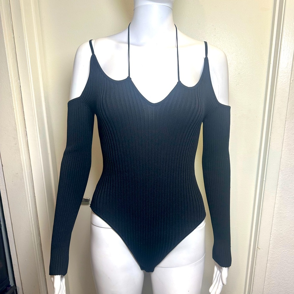 Sweater Ribbed knit thong bodysuit with thong clasp closure and open shoulders